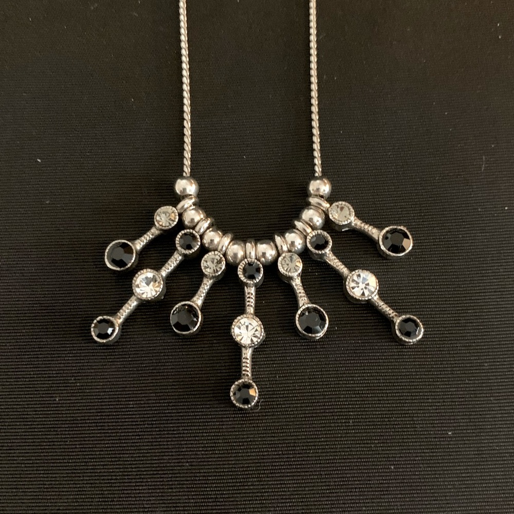 NEW, Silver Necklace with Black and Clear Stones - COSTUME JEWELRY